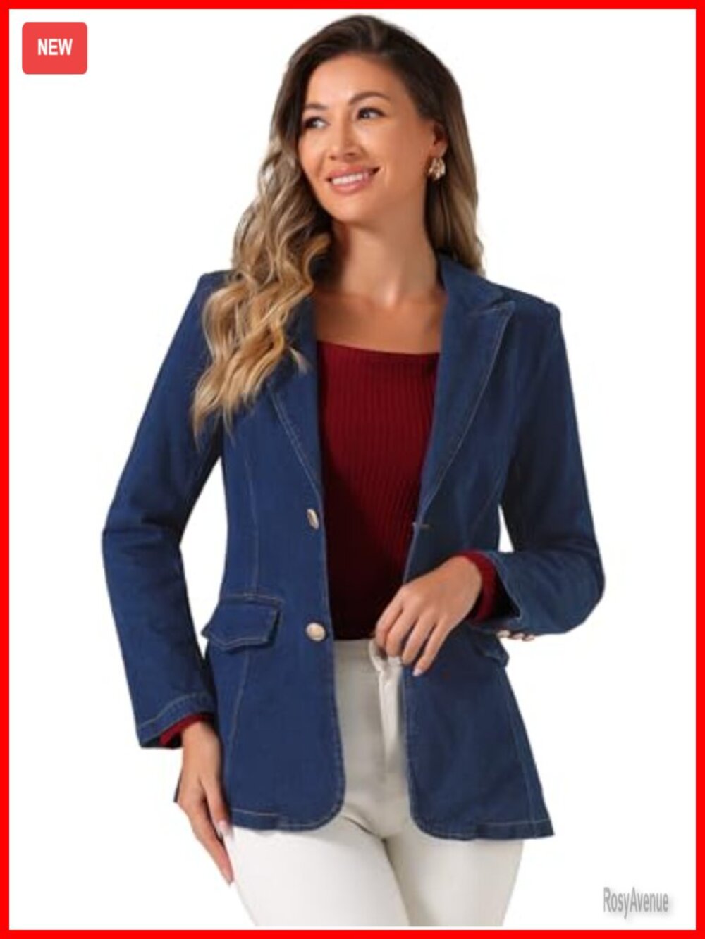 Notched Lapel Denim Blazer Women Long Sleeve Shoulder Pad Jean Jacket